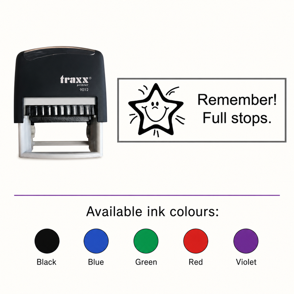 Remember Full Stops Teacher Assessment Stamp – Traxx 9012, matching imprint and five available ink colours