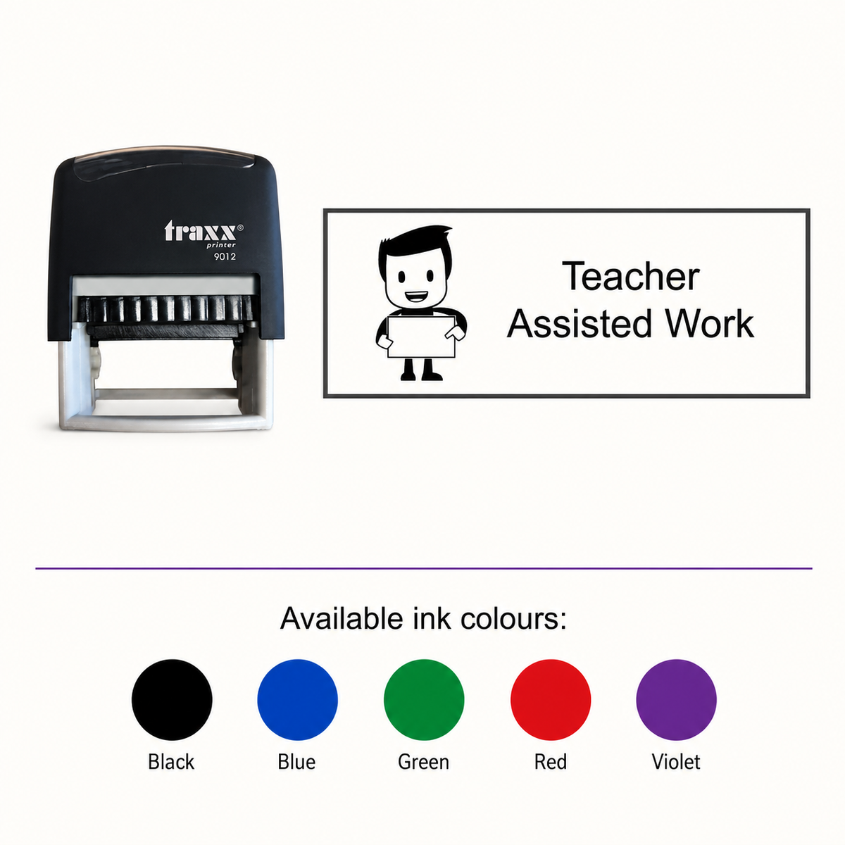 Teacher Assisted Work Assessment Stamp – Traxx 9012, matching imprint and five available ink colours