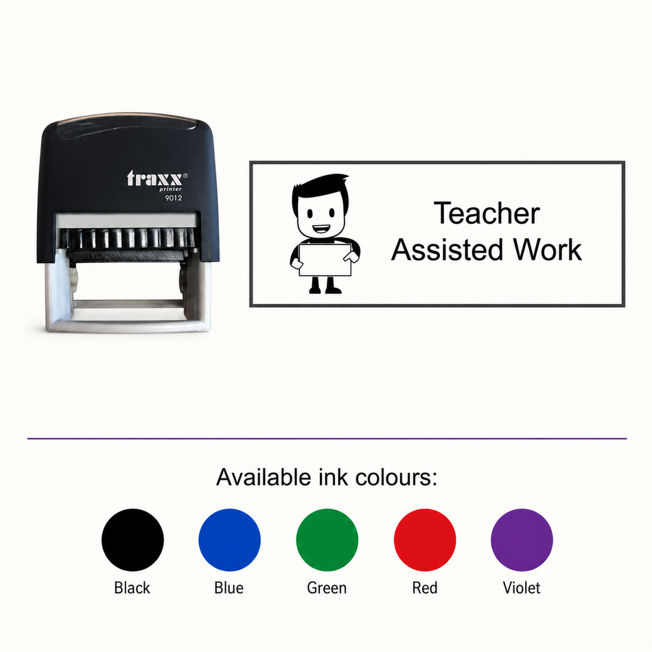 Teacher Assisted Work Assessment Stamp – Traxx 9012, matching imprint and five available ink colours