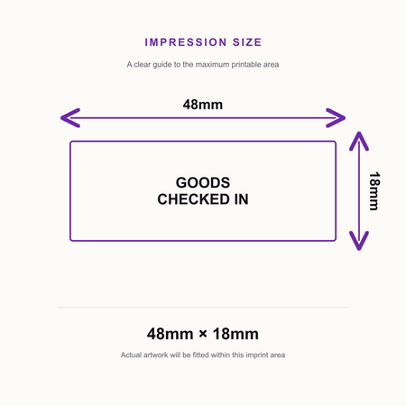 SD4U Imprint 12 Goods Checked In, Unchecked, Received, Passed, Returned Stamp in Red Ink – impression size guide 48mm × 18mm