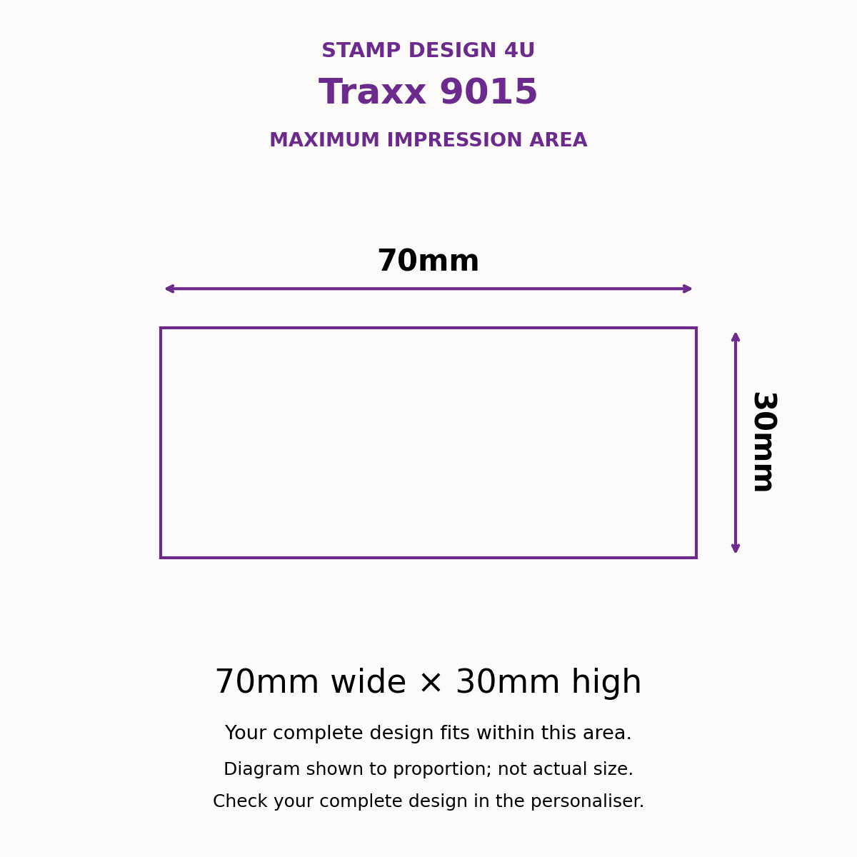 Traxx 9015 maximum impression area, 70mm wide by 30mm high; proportion diagram, not actual size