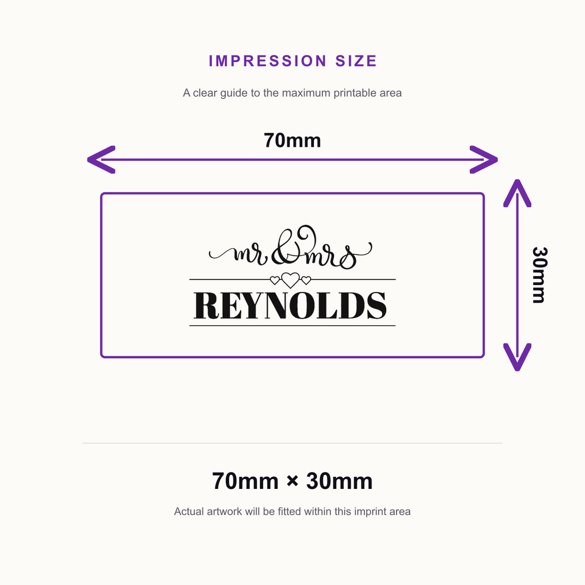 Traxx 9015 Initials & Est. Date Wedding Stamp – impression size guide 70mm × 30mm