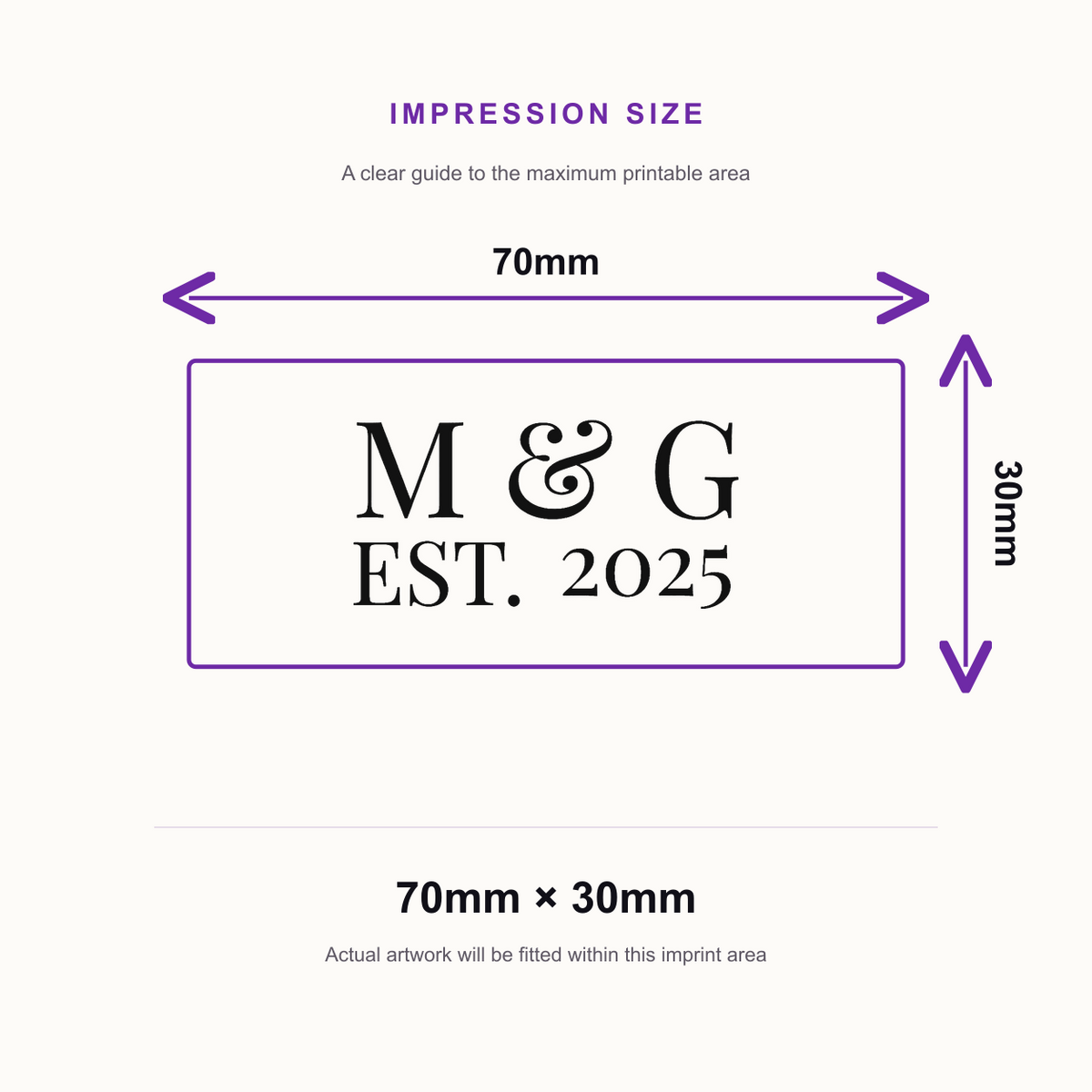 Traxx 9015 Love Birds Personalised Wedding Stamp – impression size guide 70mm × 30mm
