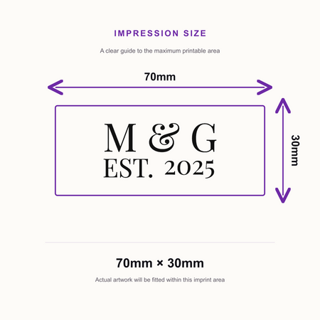 Traxx 9015 Love Birds Personalised Wedding Stamp – impression size guide 70mm × 30mm