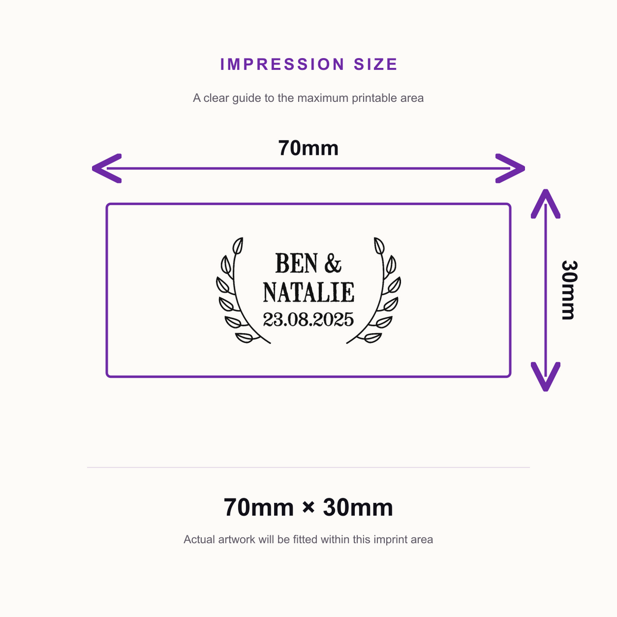 Traxx 9015 Save the Date Heart Border Stamp – impression size guide 70mm × 30mm