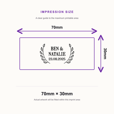 Traxx 9015 Save the Date Heart Border Stamp – impression size guide 70mm × 30mm