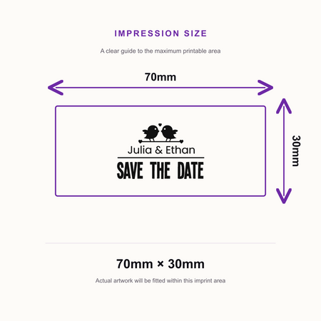 Traxx 9015 Personalised Wedding Ticket Stamp – impression size guide 70mm × 30mm