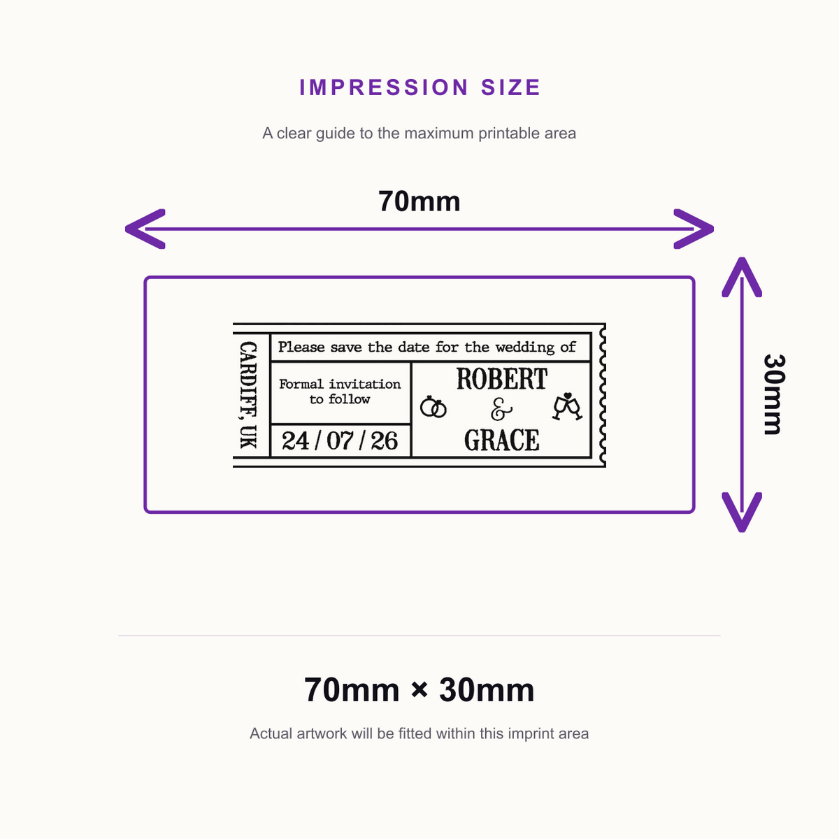 Traxx 9015 Personalised Wedding Wreath Stamp – impression size guide 70mm × 30mm