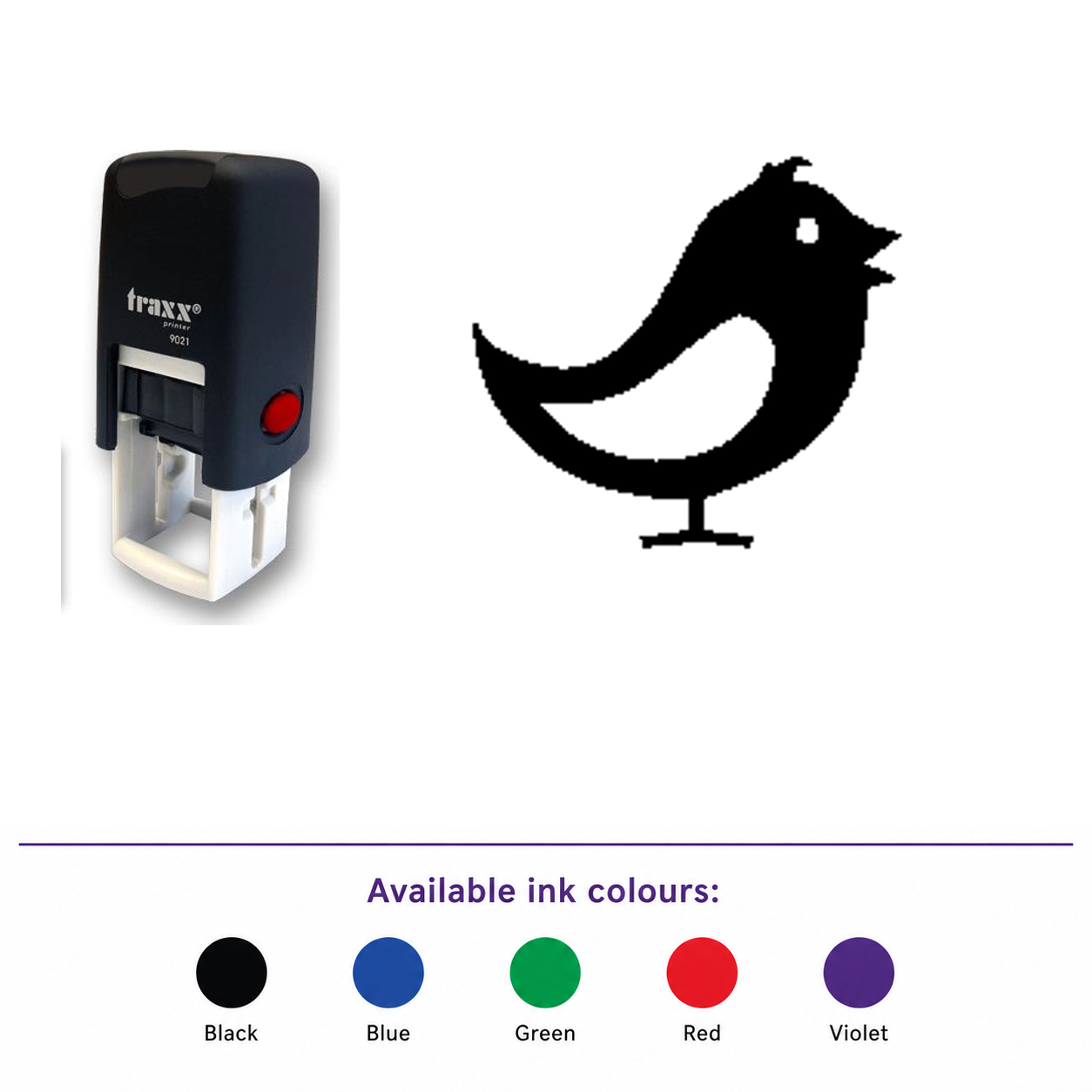 Traxx 9021 14 x 14mm Loyalty Stamp - Bird – smaller stamp, enlarged matching imprint and five available ink colours