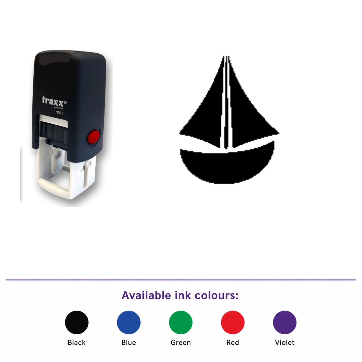 Traxx 9021 14 x 14mm Loyalty Stamp - Boat – smaller stamp, enlarged matching imprint and five available ink colours