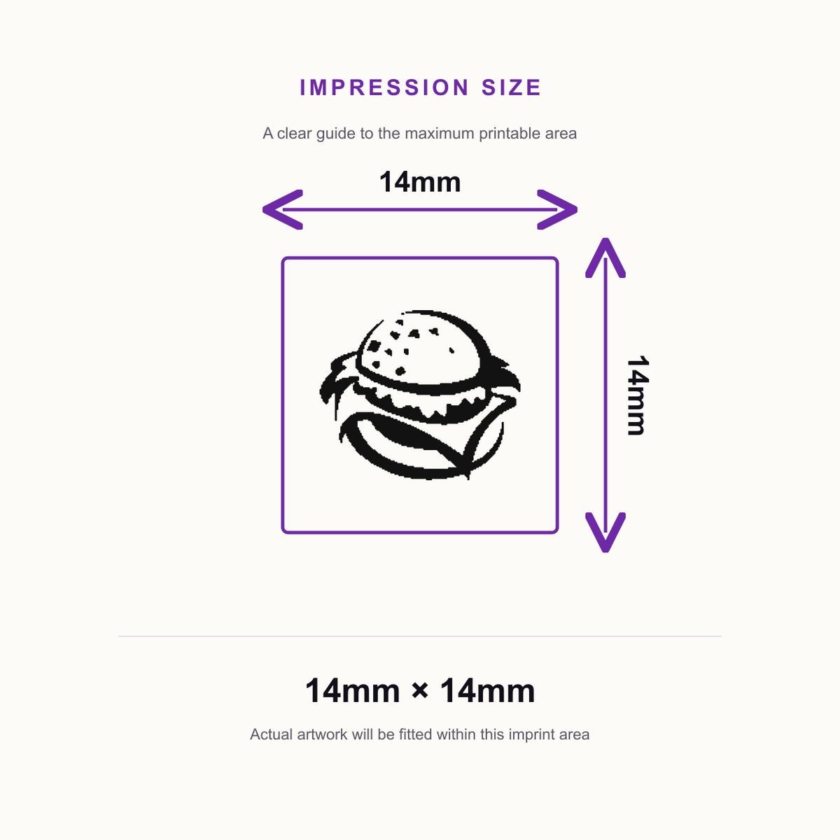 Traxx 9021 14 x 14mm Loyalty Stamp - Burger – impression size guide 14mm × 14mm