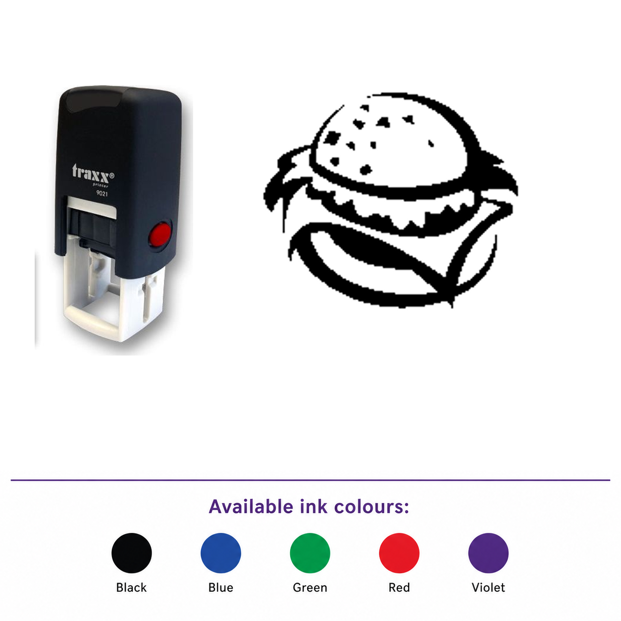 Traxx 9021 14 x 14mm Loyalty Stamp - Burger – smaller stamp, enlarged matching imprint and five available ink colours