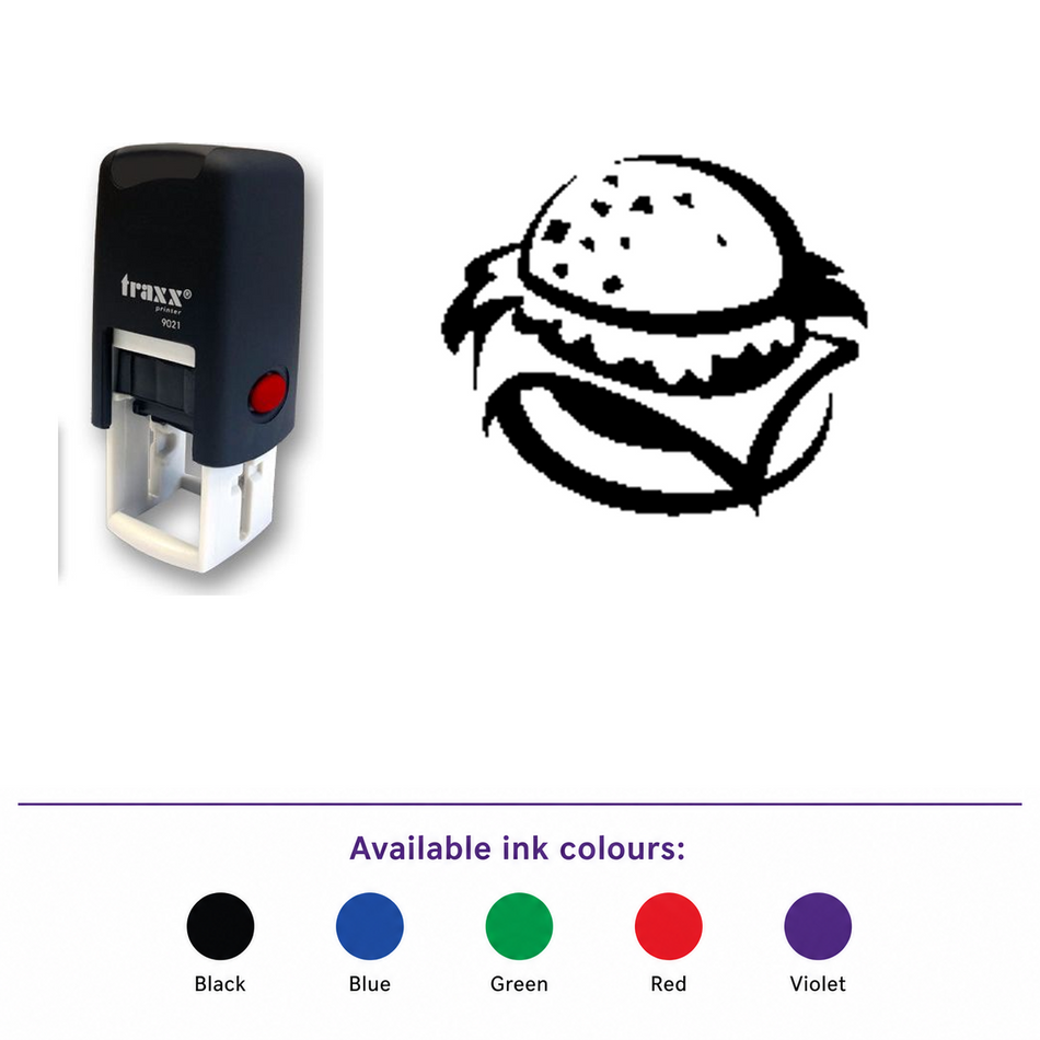 Traxx 9021 14 x 14mm Loyalty Stamp - Burger – smaller stamp, enlarged matching imprint and five available ink colours