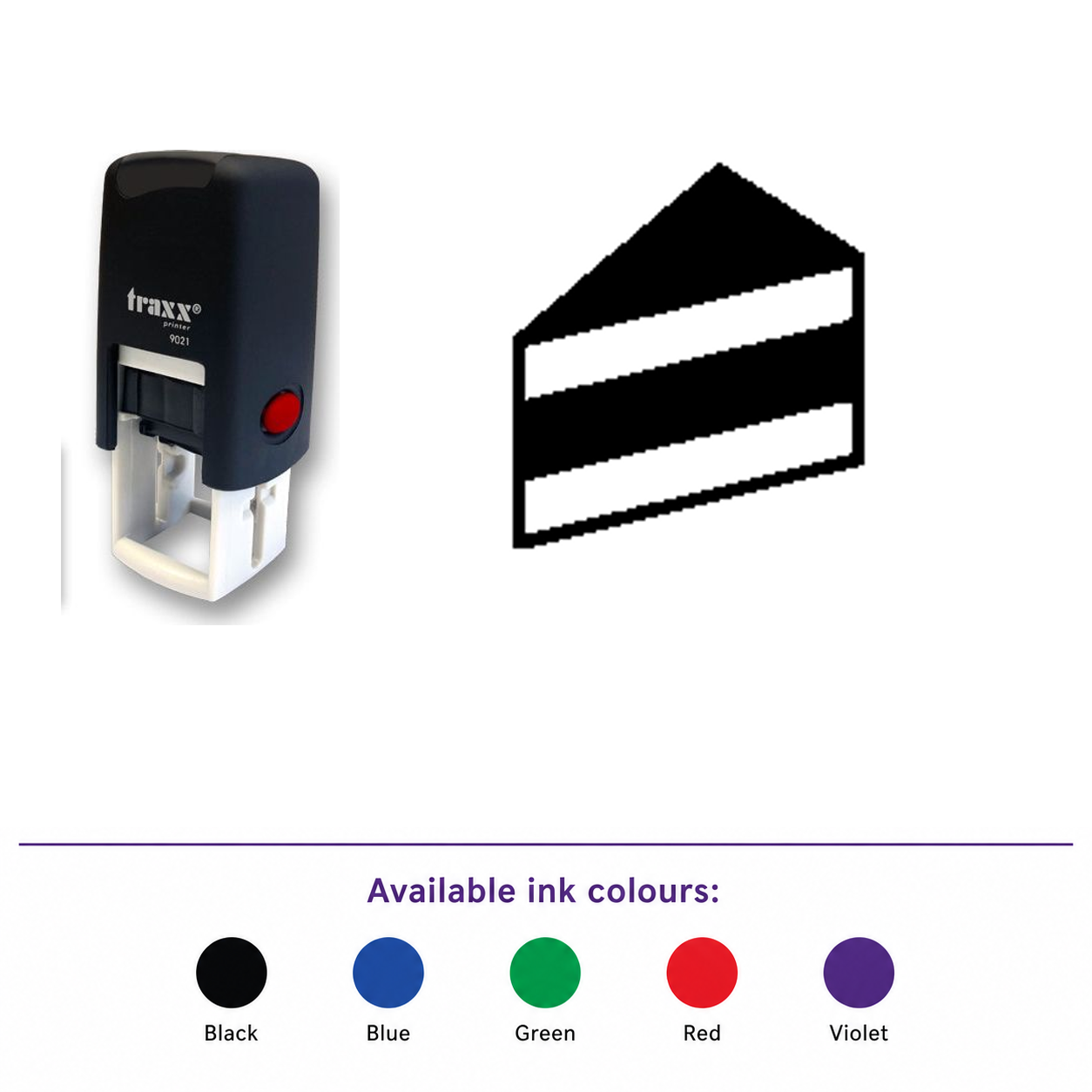 Traxx 9021 14 x 14mm Loyalty Stamp - Cake – smaller stamp, enlarged matching imprint and five available ink colours