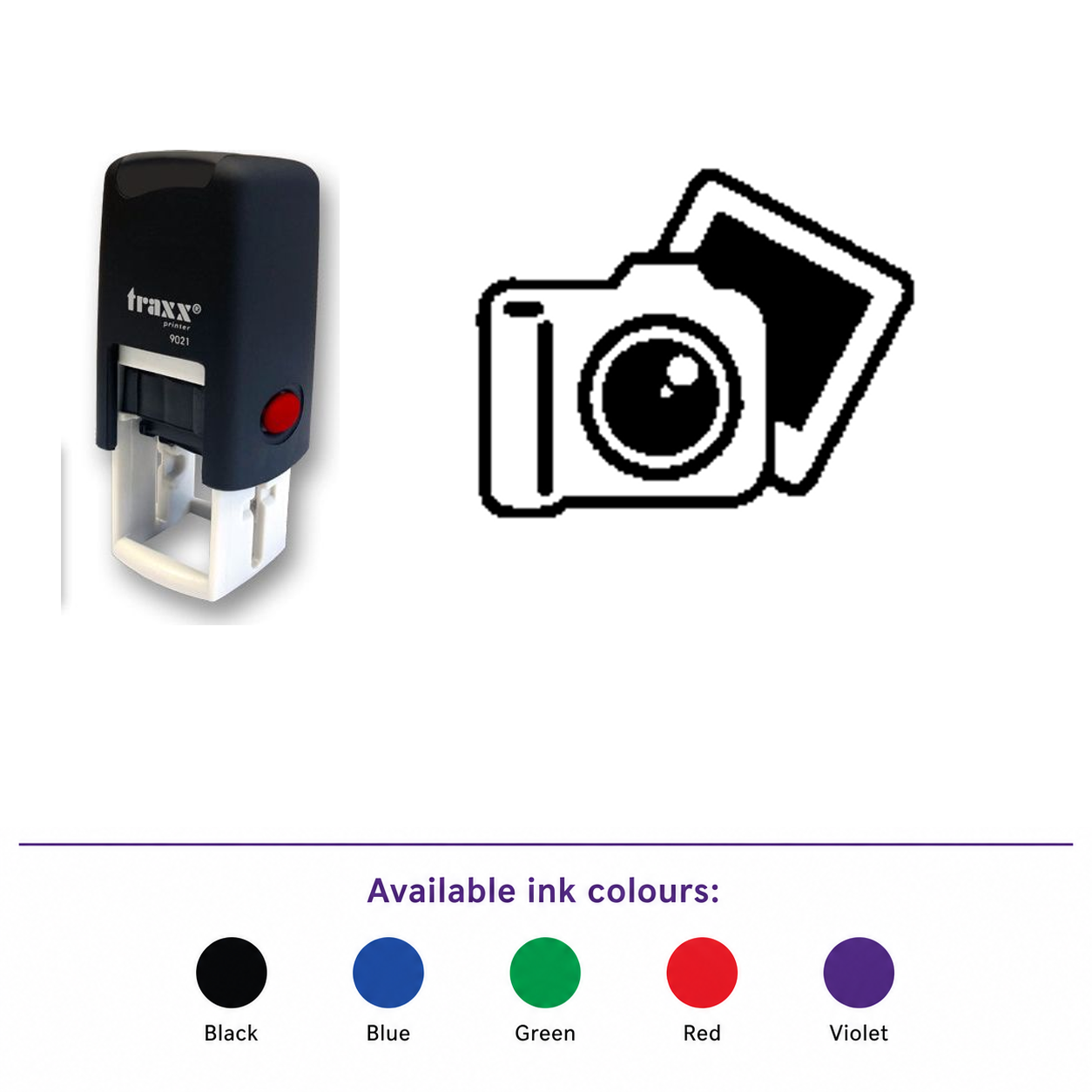 Traxx 9021 14 x 14mm Loyalty Stamp - Camera – smaller stamp, enlarged matching imprint and five available ink colours