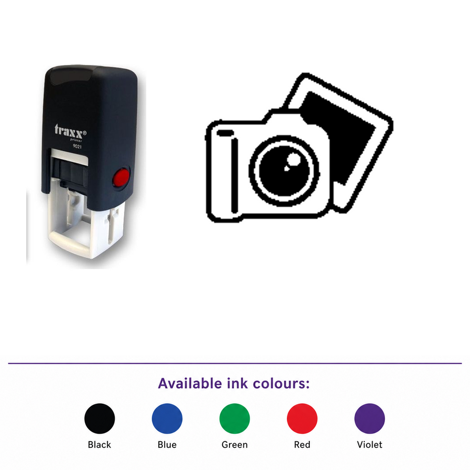 Traxx 9021 14 x 14mm Loyalty Stamp - Camera – smaller stamp, enlarged matching imprint and five available ink colours