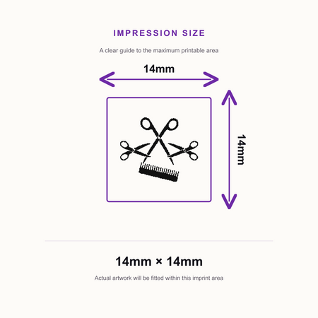 Traxx 9021 14 x 14mm Loyalty Stamp - Comb & Scissors – impression size guide 14mm × 14mm