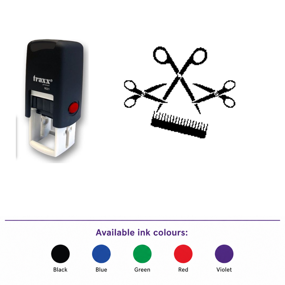 Traxx 9021 14 x 14mm Loyalty Stamp - Comb & Scissors – smaller stamp, enlarged matching imprint and five available ink colours