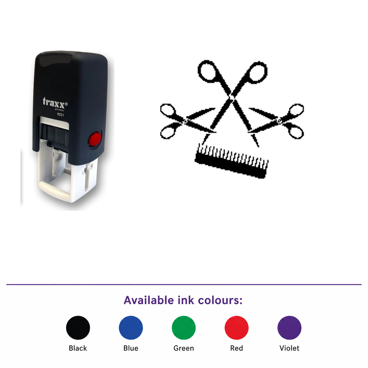 Traxx 9021 14 x 14mm Loyalty Stamp - Comb & Scissors – smaller stamp, enlarged matching imprint and five available ink colours