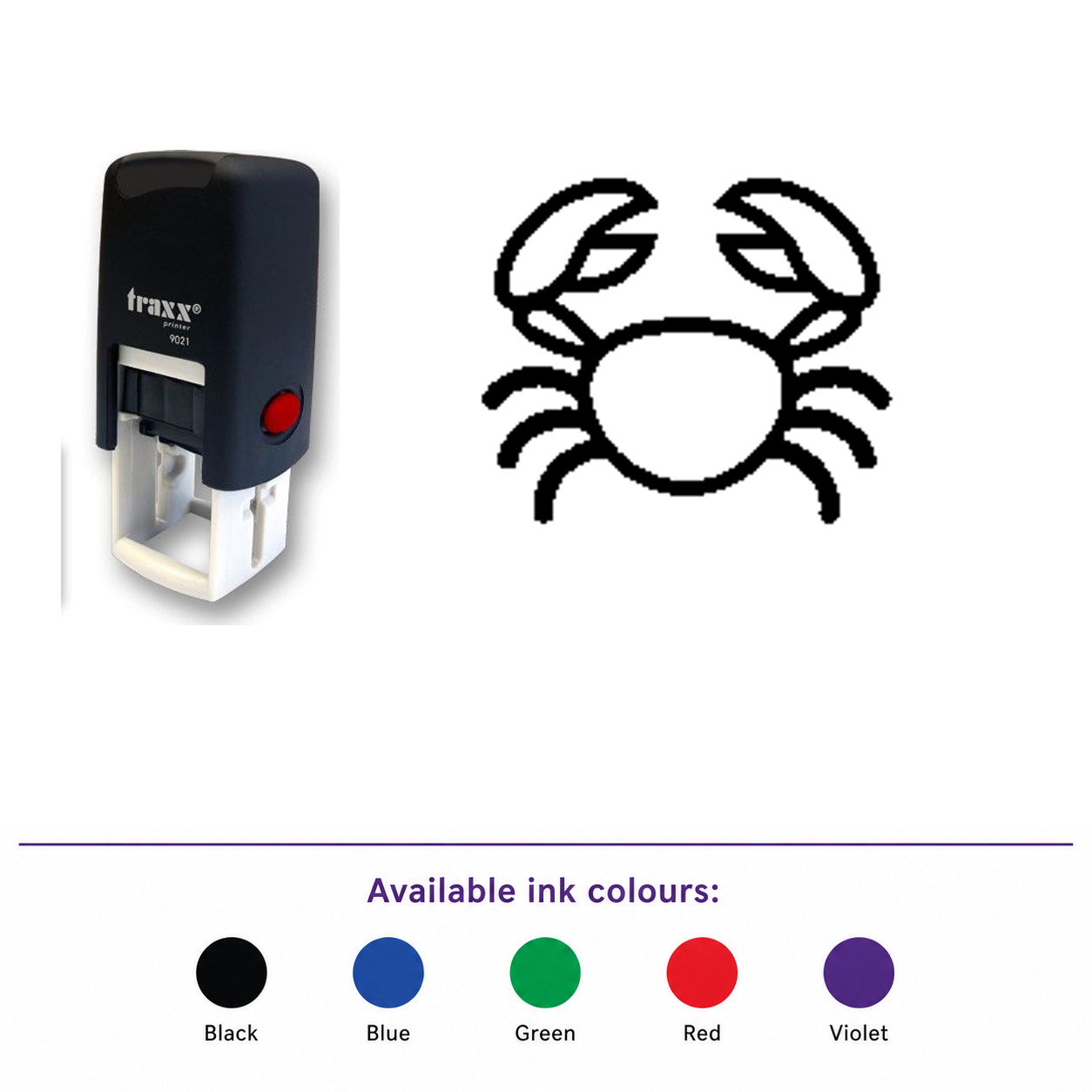 Traxx 9021 14 x 14mm Loyalty Stamp - Crab – smaller stamp, enlarged matching imprint and five available ink colours