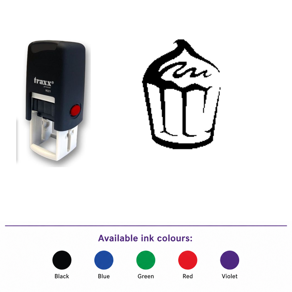 Traxx 9021 14 x 14mm Loyalty Stamp - Cupcake – smaller stamp, enlarged matching imprint and five available ink colours