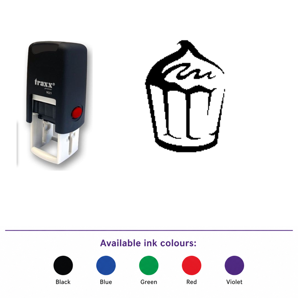 Traxx 9021 14 x 14mm Loyalty Stamp - Cupcake – smaller stamp, enlarged matching imprint and five available ink colours