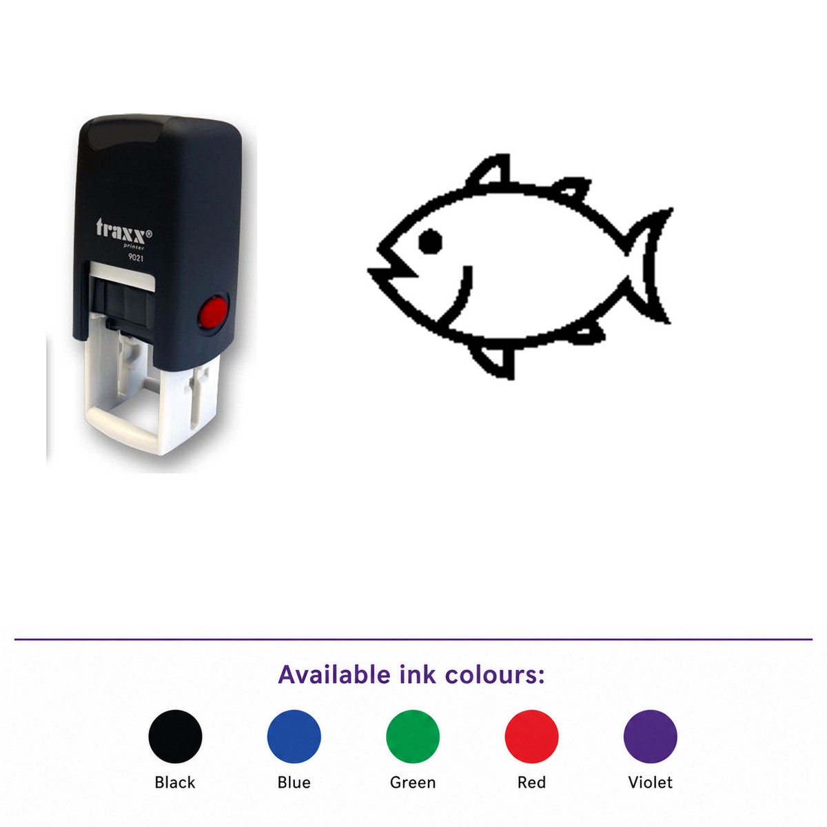 Traxx 9021 14 x 14mm Loyalty Stamp - Fish – smaller stamp, enlarged matching imprint and five available ink colours