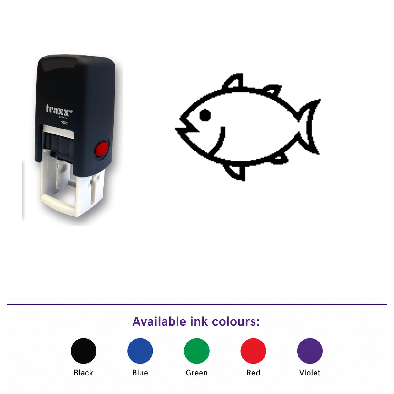 Traxx 9021 14 x 14mm Loyalty Stamp - Fish – smaller stamp, enlarged matching imprint and five available ink colours