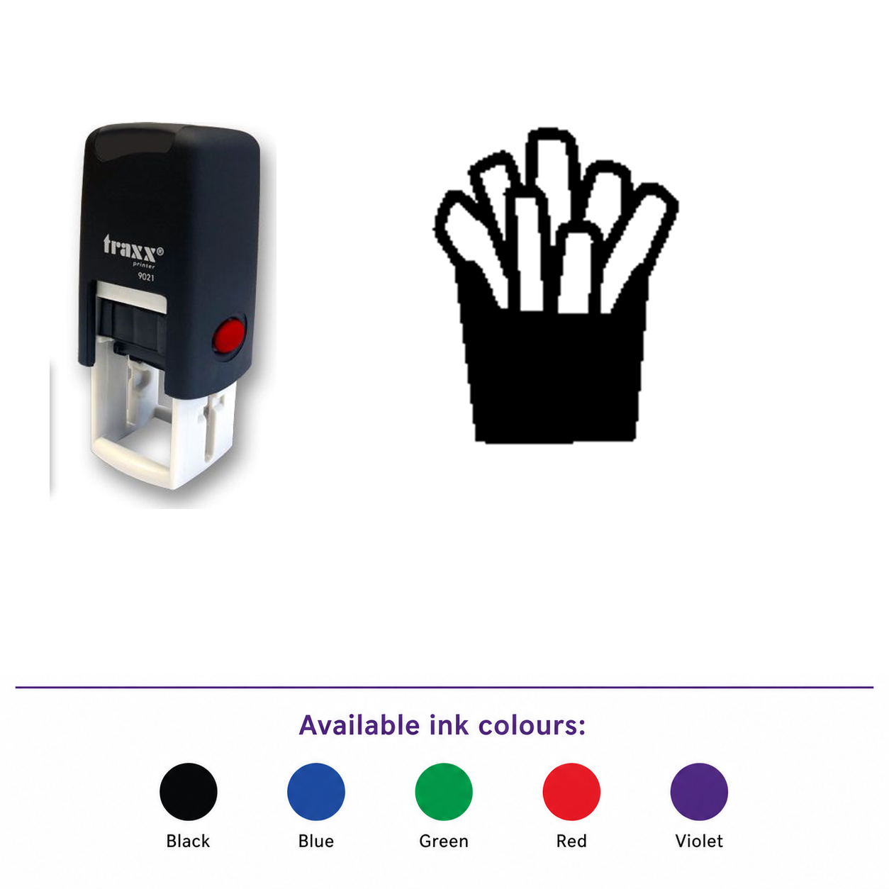Traxx 9021 14 x 14mm Loyalty Stamp - Fries – smaller stamp, enlarged matching imprint and five available ink colours