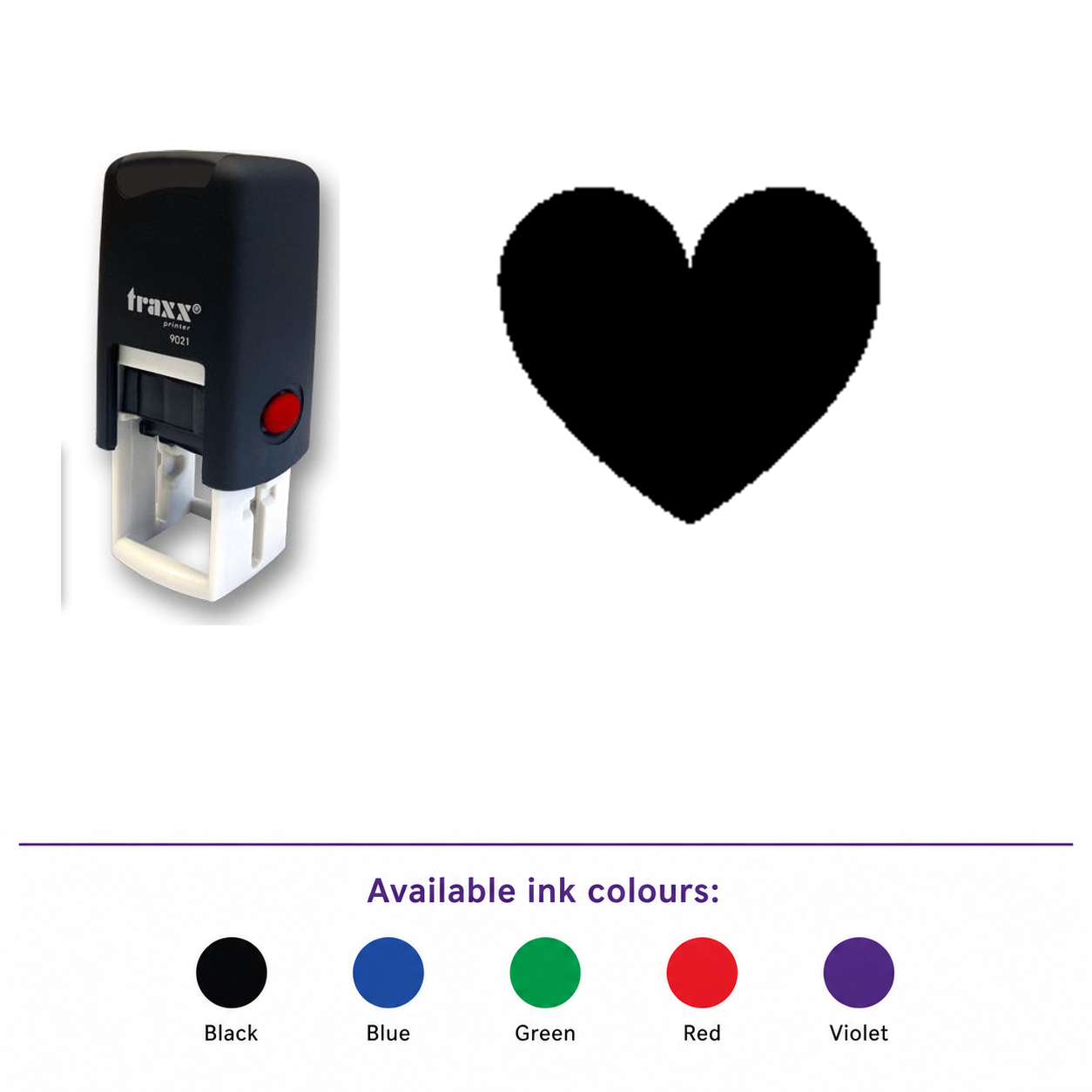 Traxx 9021 14 x 14mm Loyalty Stamp - Heart – smaller stamp, enlarged matching imprint and five available ink colours