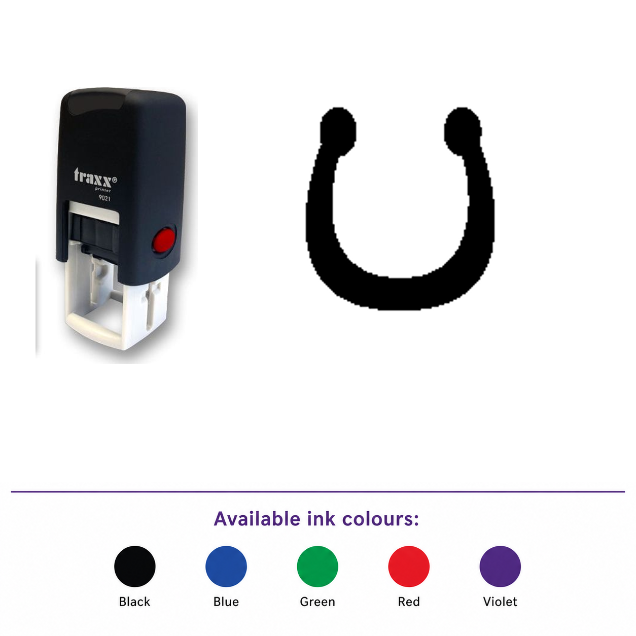 Traxx 9021 14 x 14mm Loyalty Stamp - Horseshoe – smaller stamp, enlarged matching imprint and five available ink colours