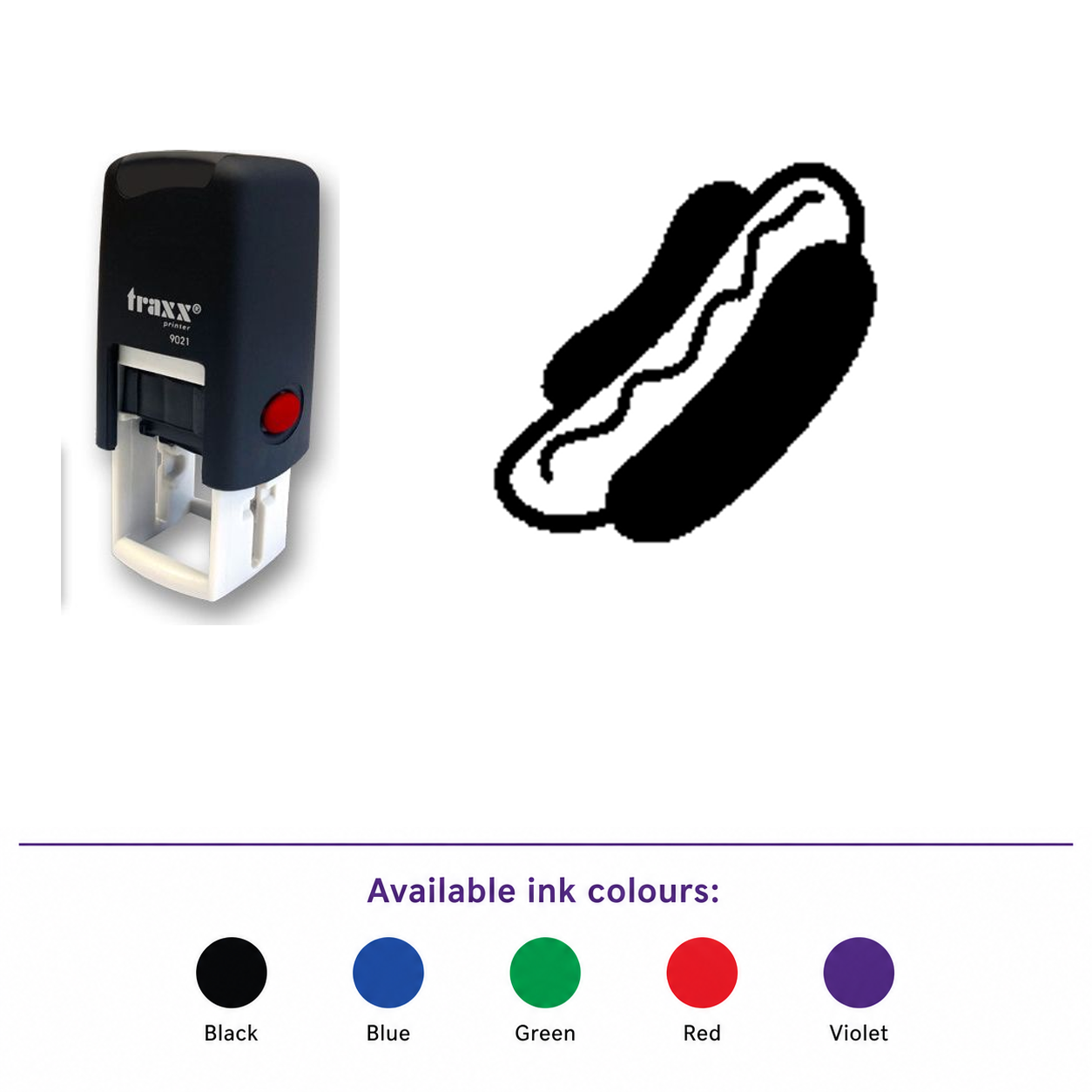 Traxx 9021 14 x 14mm Loyalty Stamp - Hotdog – smaller stamp, enlarged matching imprint and five available ink colours