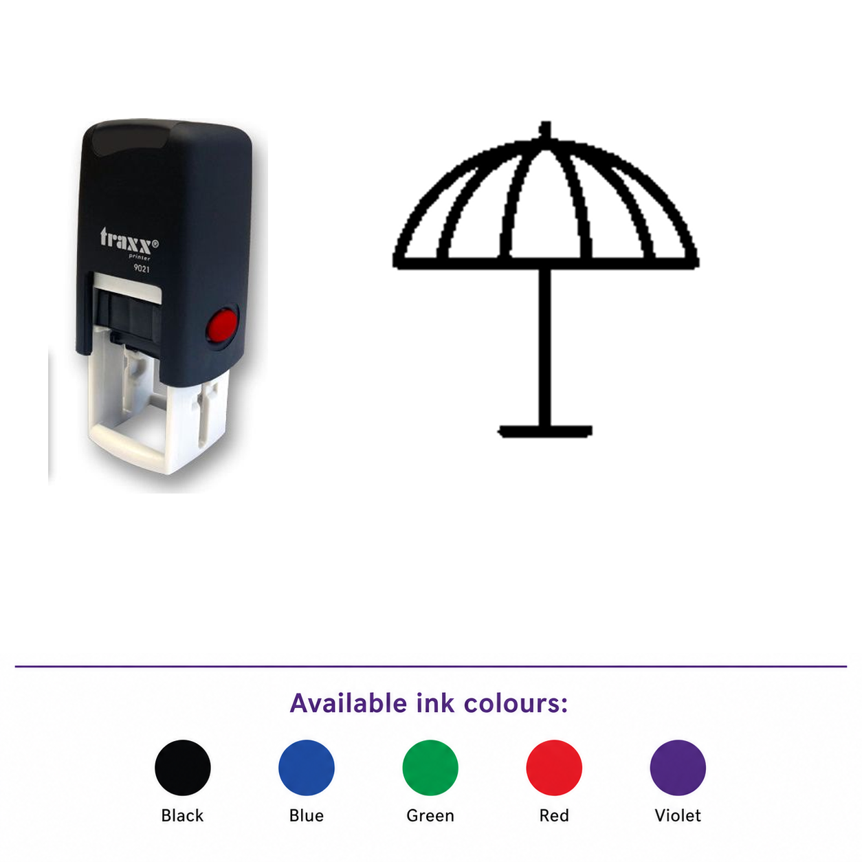 Traxx 9021 14 x 14mm Loyalty Stamp - Parasol – smaller stamp, enlarged matching imprint and five available ink colours