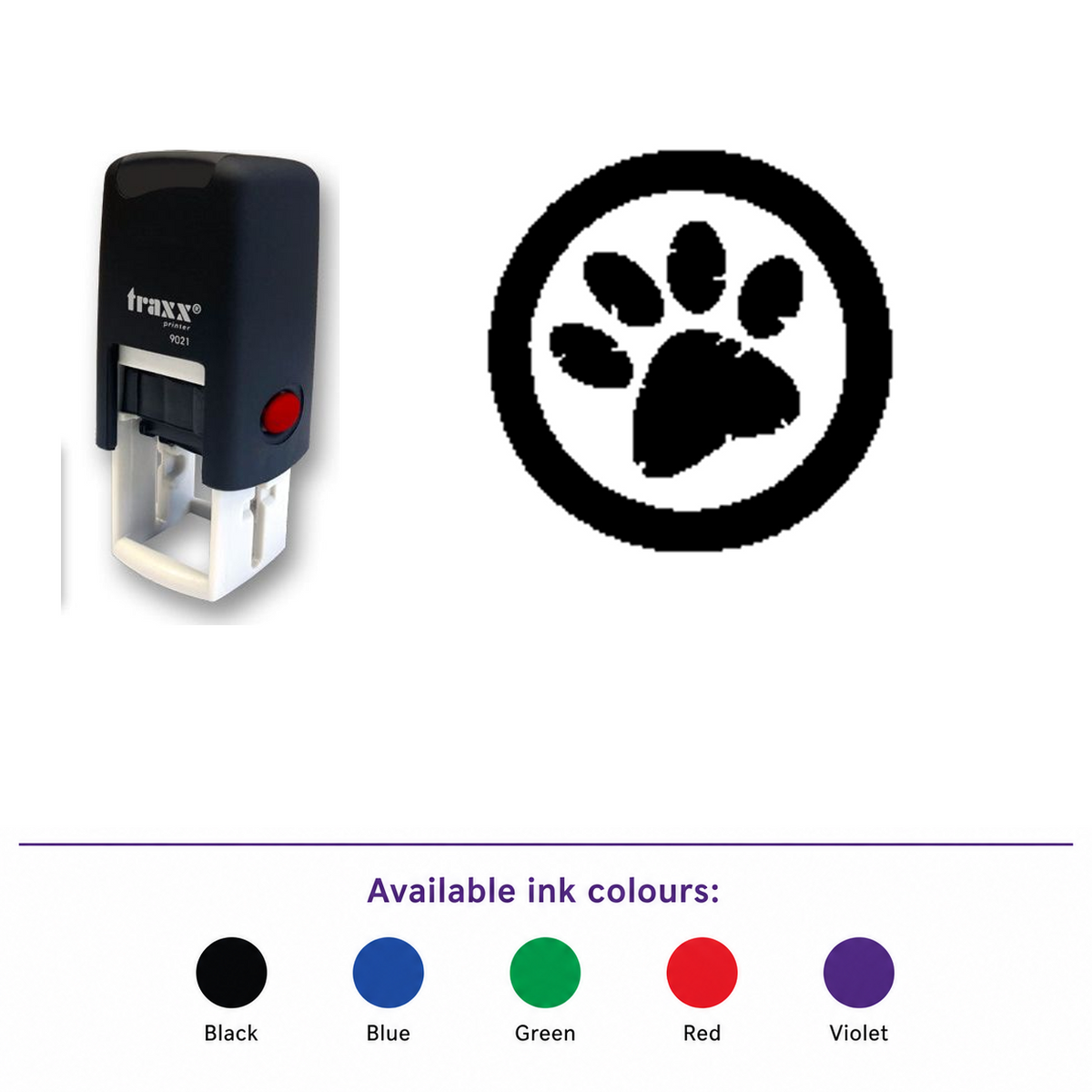 Traxx 9021 14 x 14mm Loyalty Stamp - Paw Print – smaller stamp, enlarged matching imprint and five available ink colours