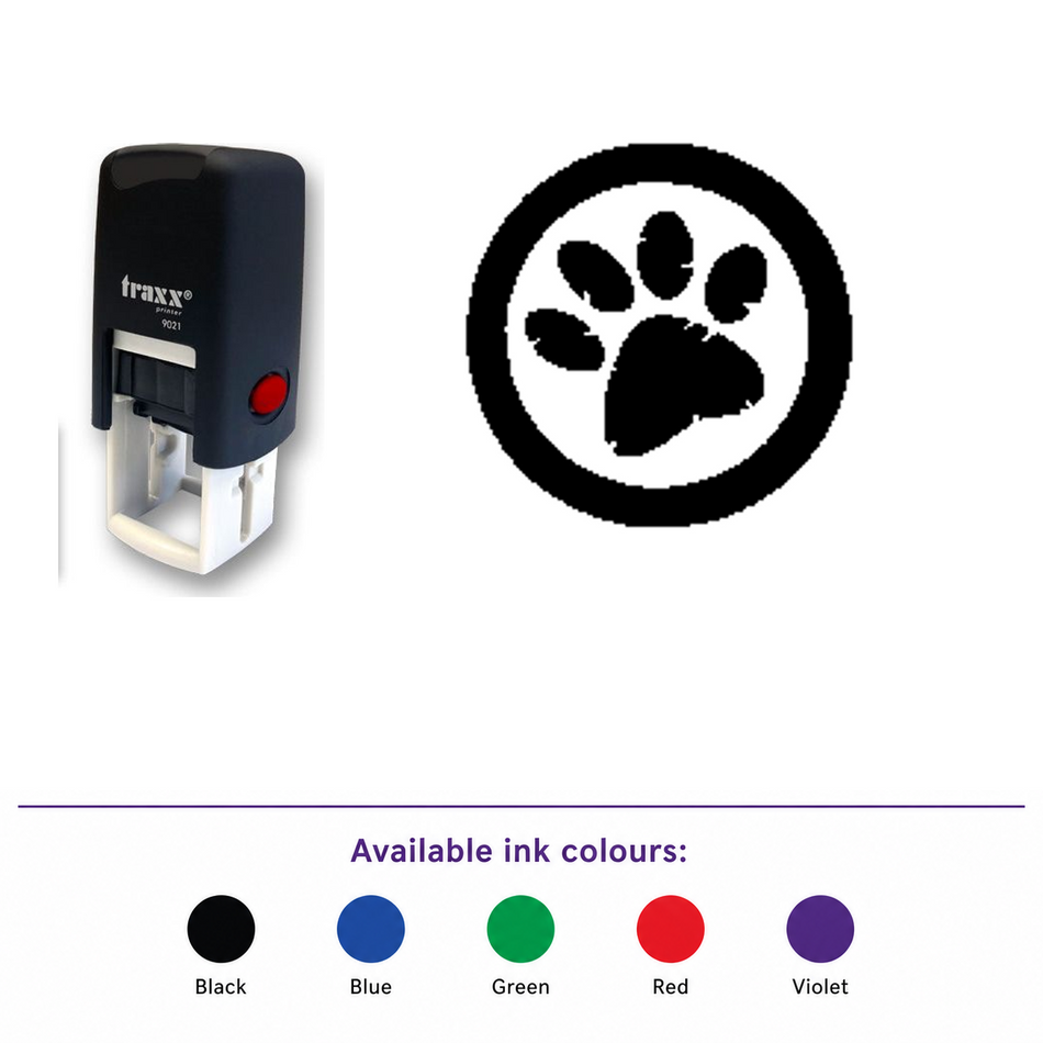 Traxx 9021 14 x 14mm Loyalty Stamp - Paw Print – smaller stamp, enlarged matching imprint and five available ink colours