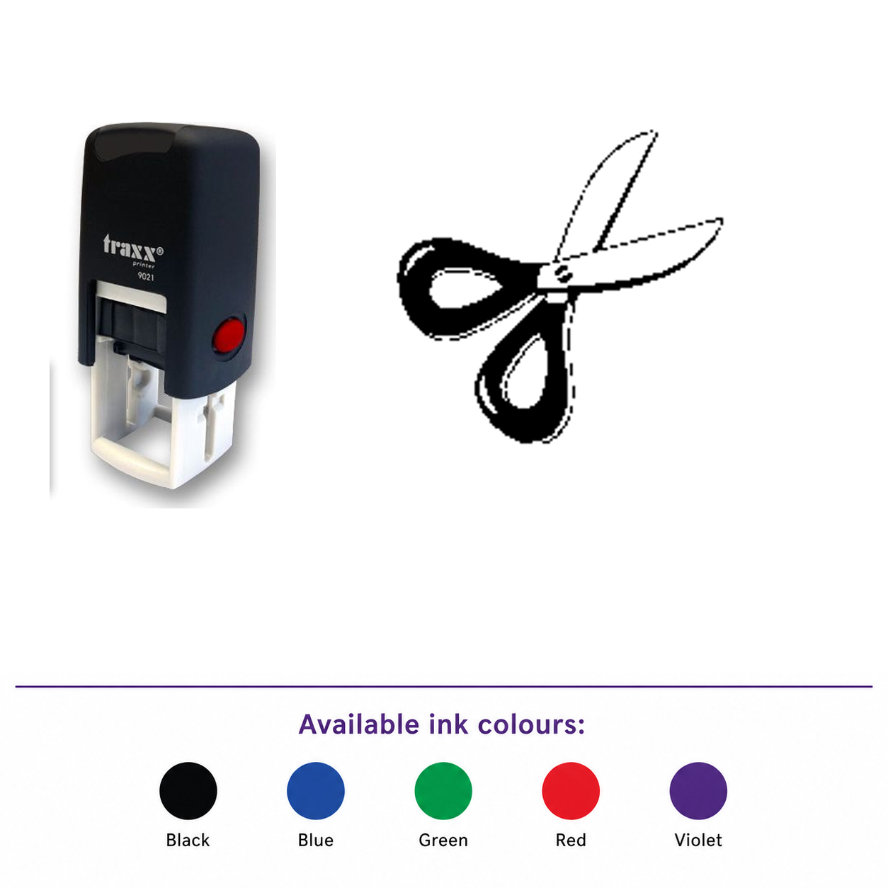 Traxx 9021 14 x 14mm Loyalty Stamp - Scissors Stamp – smaller stamp, enlarged matching imprint and five available ink colours
