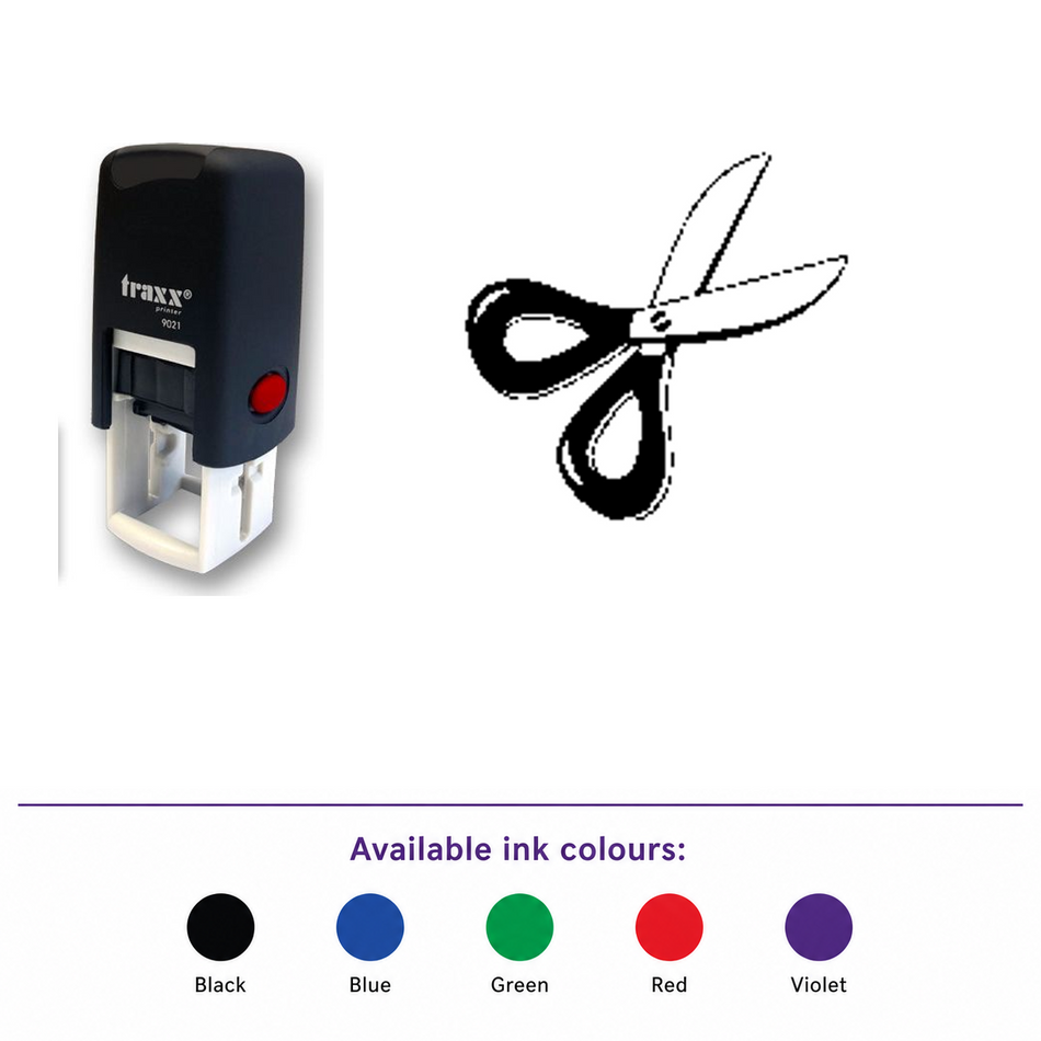 Traxx 9021 14 x 14mm Loyalty Stamp - Scissors Stamp – smaller stamp, enlarged matching imprint and five available ink colours