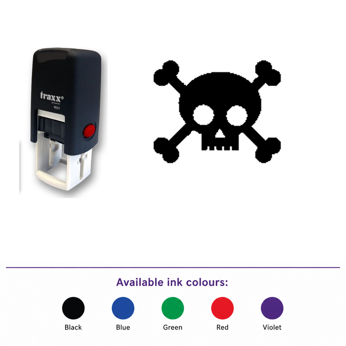 Traxx 9021 14 x 14mm Loyalty Stamp - Skull and Crossbones Stamp – smaller stamp, enlarged matching imprint and five available ink colours