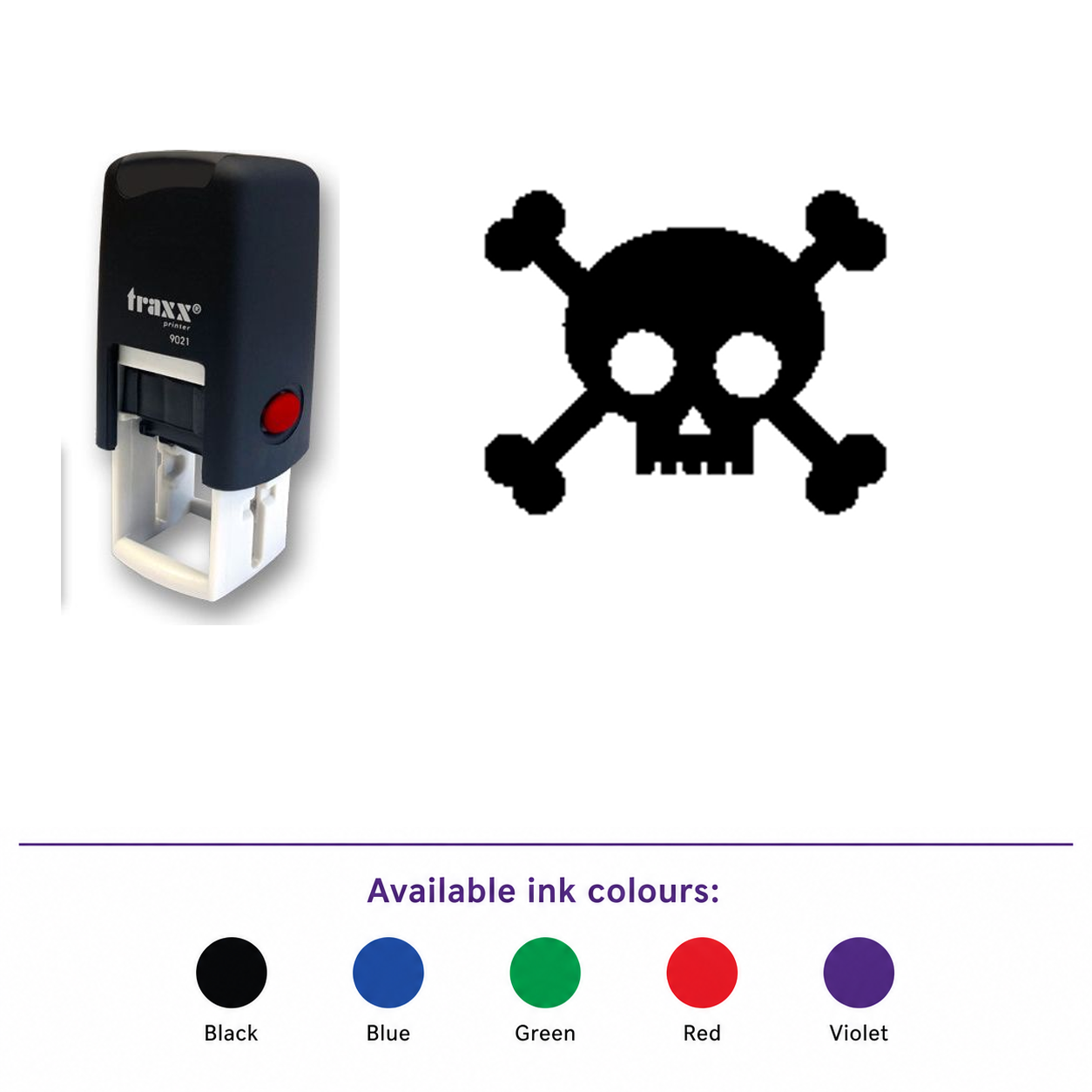 Traxx 9021 14 x 14mm Loyalty Stamp - Skull and Crossbones Stamp – smaller stamp, enlarged matching imprint and five available ink colours