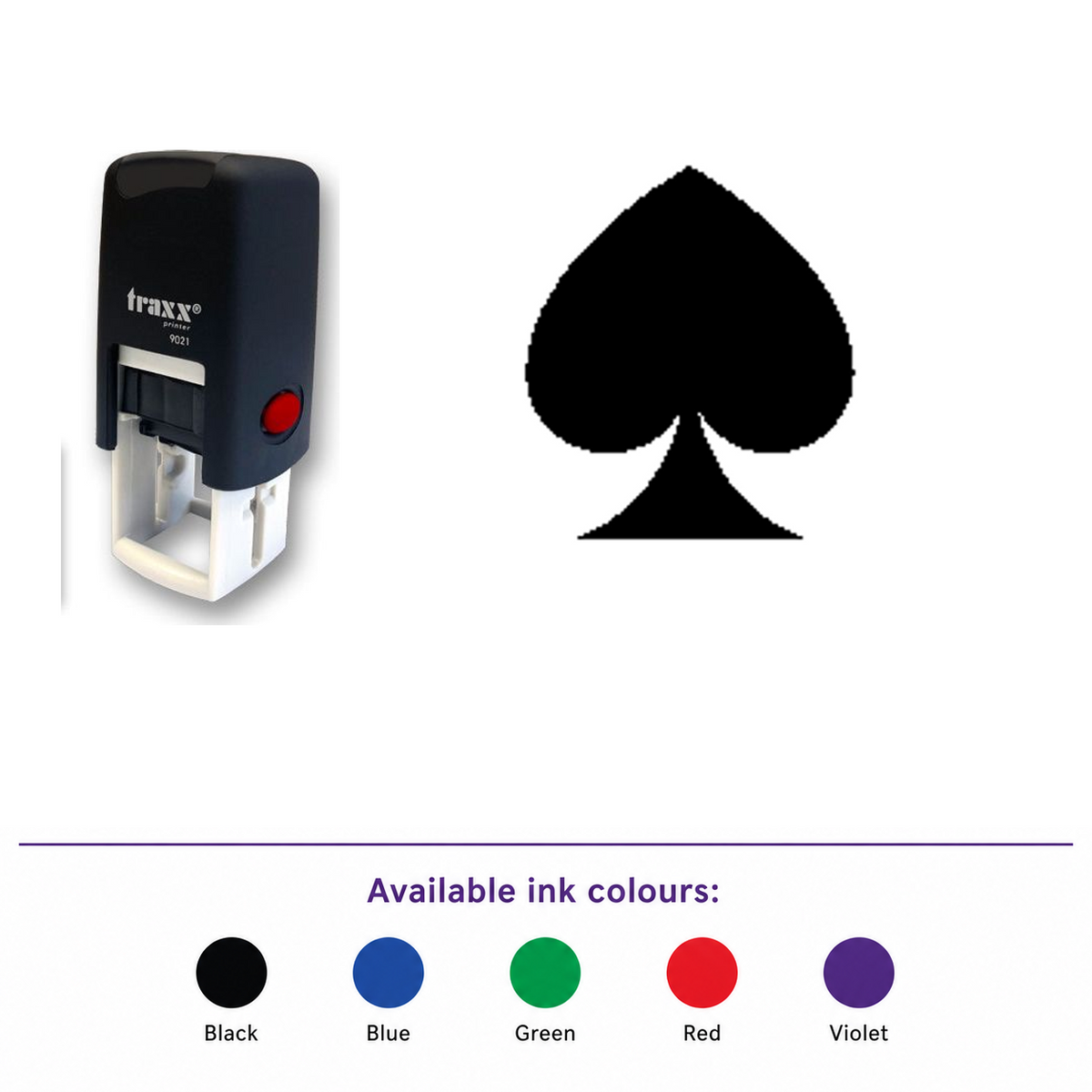 Traxx 9021 14 x 14mm Loyalty Stamp - Spade Stamp – smaller stamp, enlarged matching imprint and five available ink colours