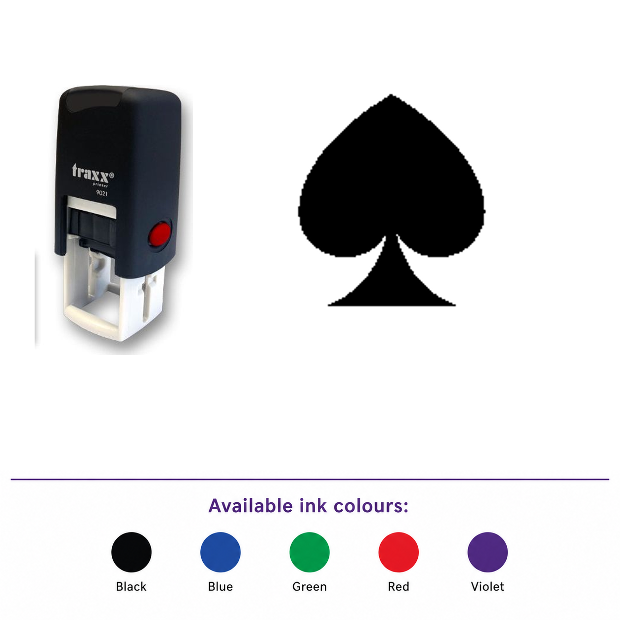 Traxx 9021 14 x 14mm Loyalty Stamp - Spade Stamp – smaller stamp, enlarged matching imprint and five available ink colours