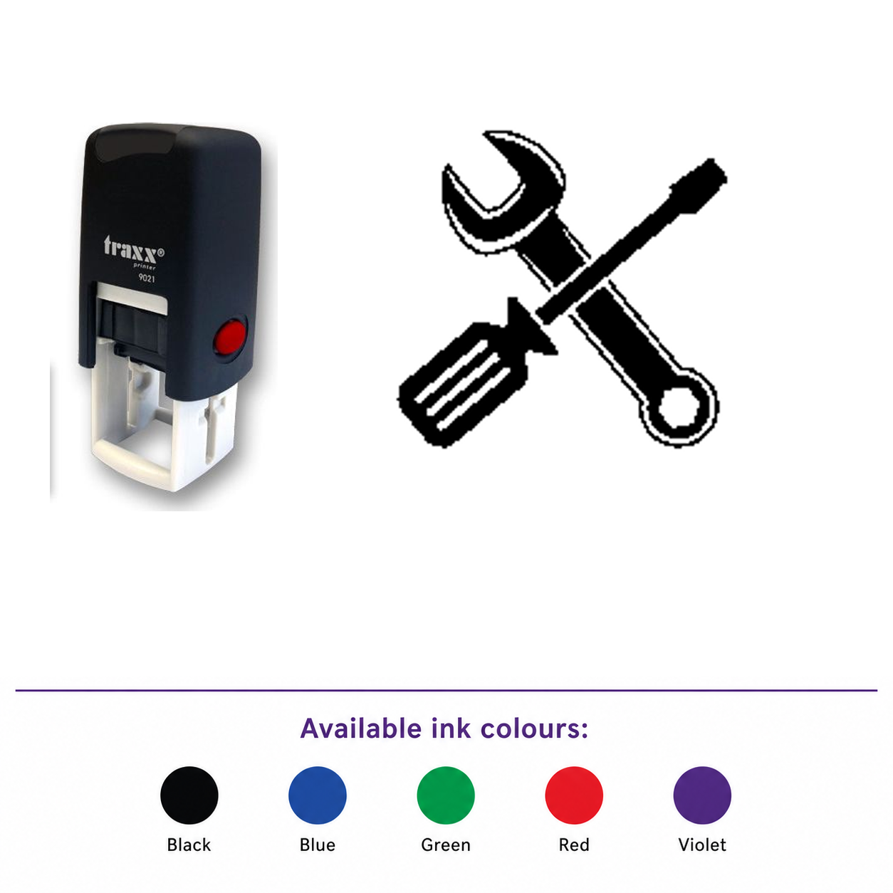 Traxx 9021 14 x 14mm Loyalty Stamp - Spanner DIY Stamp – smaller stamp, enlarged matching imprint and five available ink colours