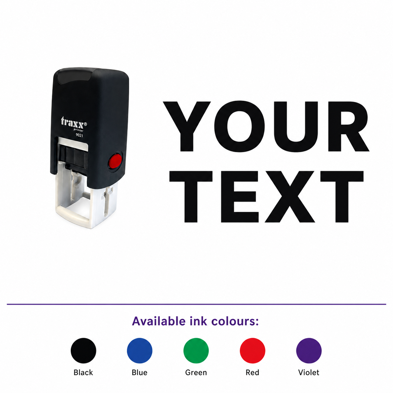 Traxx 9021 14 x 14mm Loyalty Stamp - Text – smaller stamp, enlarged matching imprint and five available ink colours