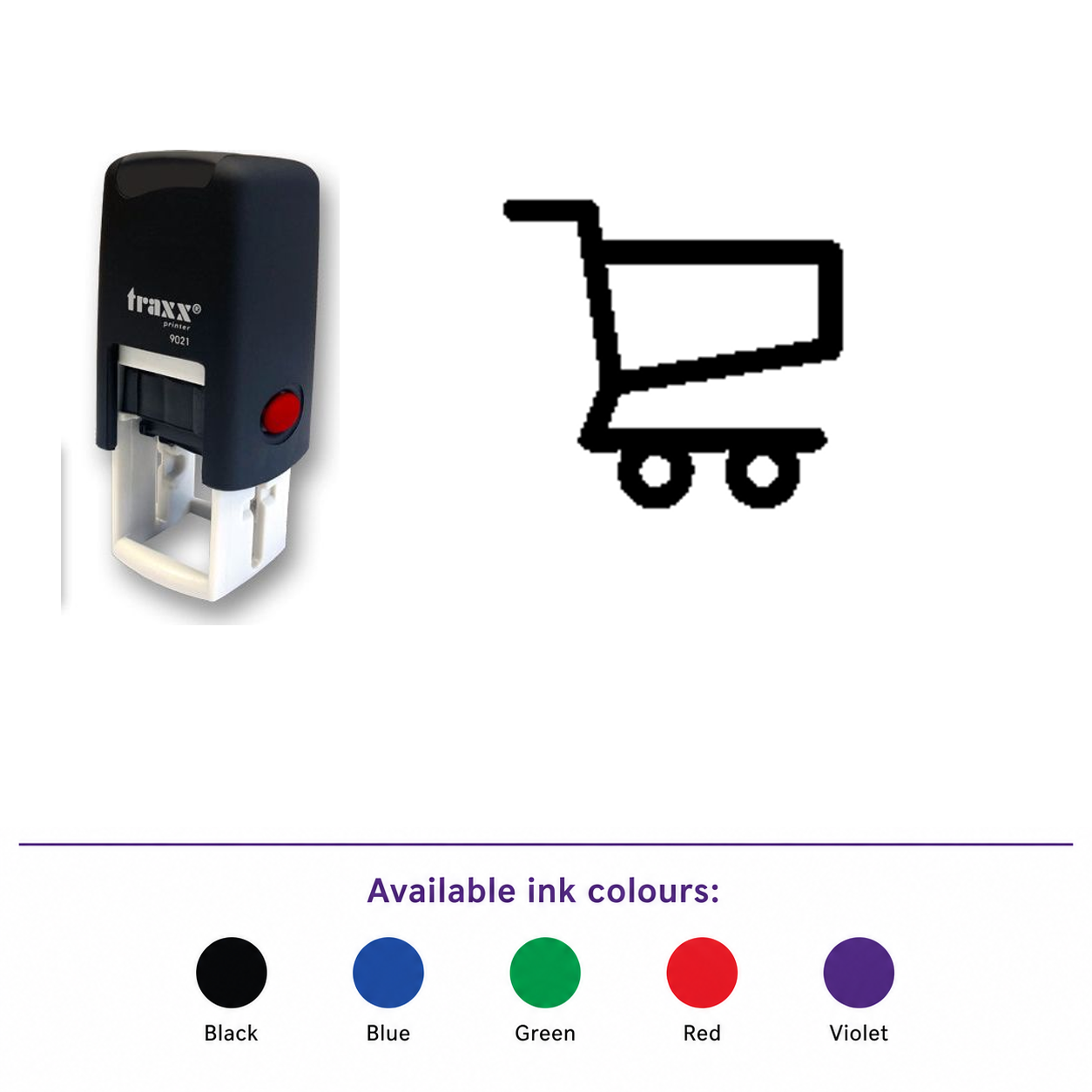 Traxx 9021 14 x 14mm Loyalty Stamp - Trolley Stamp – smaller stamp, enlarged matching imprint and five available ink colours
