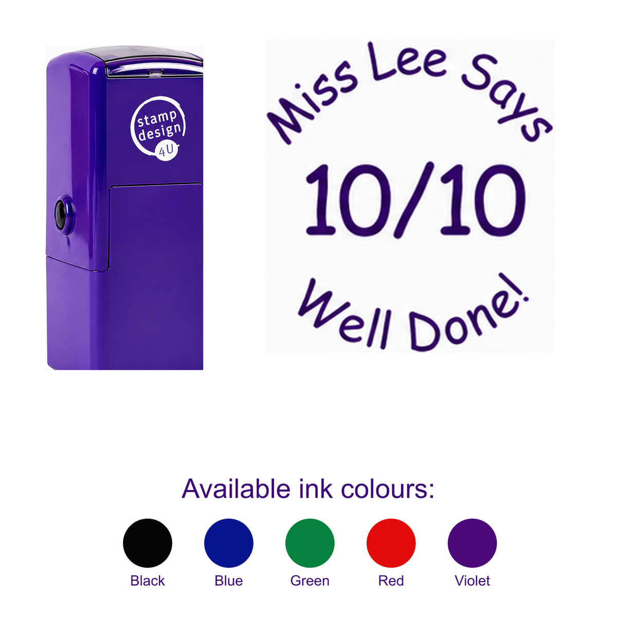 10 Out Of 10 Teacher Reward Stamp with smaller purple stamp, large standalone imprint and five available ink colours