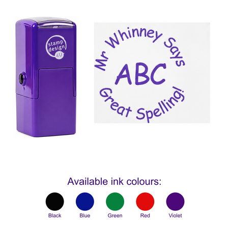 Personalised ABC Teacher Stamp with smaller purple stamp, large standalone imprint and five available ink colours