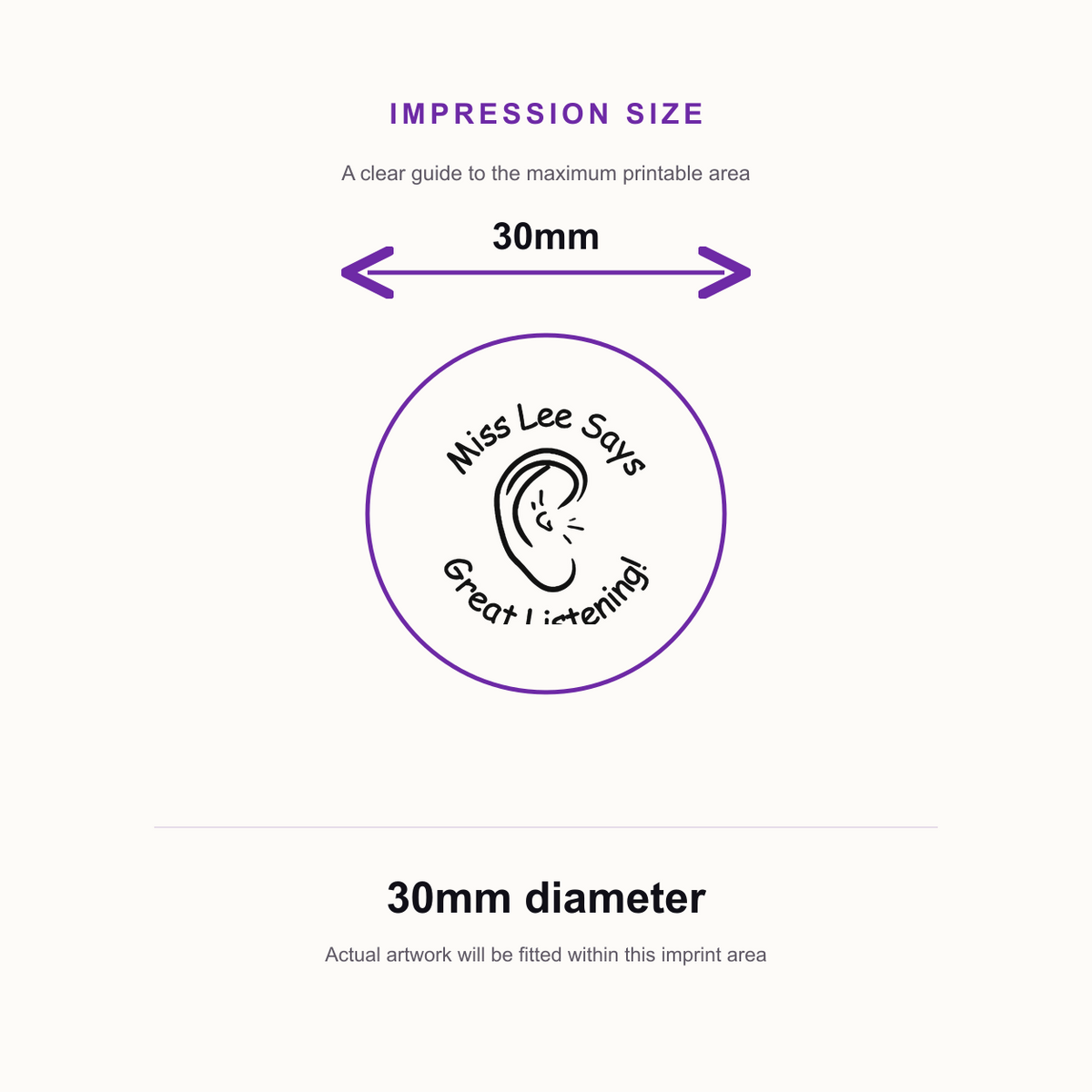 Personalised Listening Skills Teacher Stamp | Ear Icon Classroom Feedback Stamp | Self Inking School Stamp 25 x 25mm – impression size guide 30mm diameter