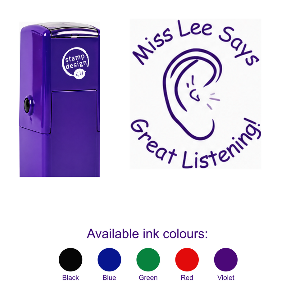 Personalised Listening Skills Teacher Stamp with smaller purple stamp, large standalone imprint and five available ink colours