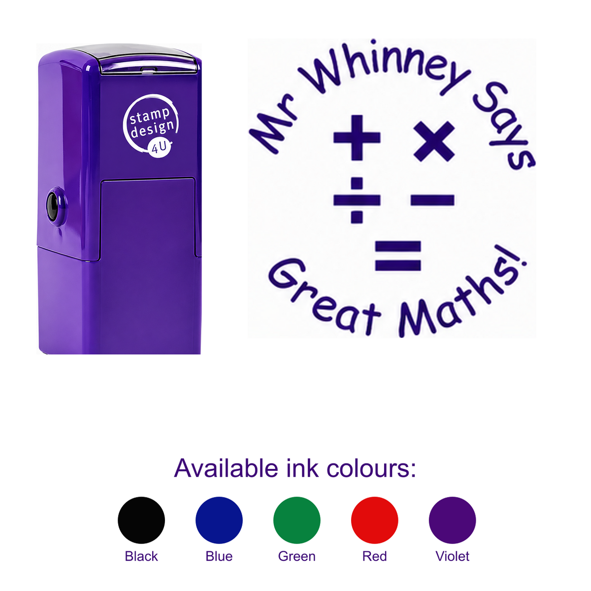 Personalised Maths Teacher Stamp with smaller purple stamp, large standalone imprint and five available ink colours