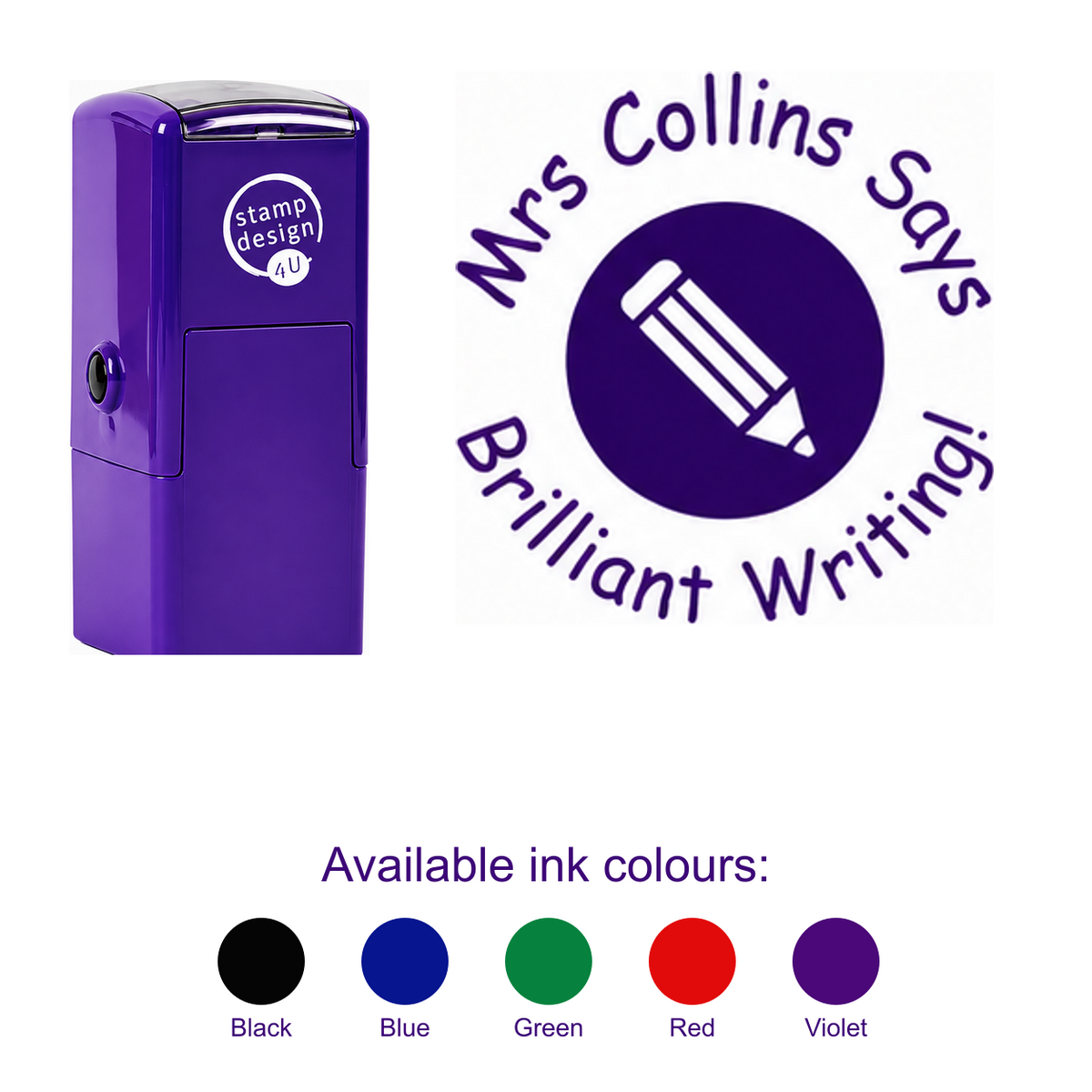 Personalised Pencil Teacher Stamp with smaller purple stamp, large standalone imprint and five available ink colours